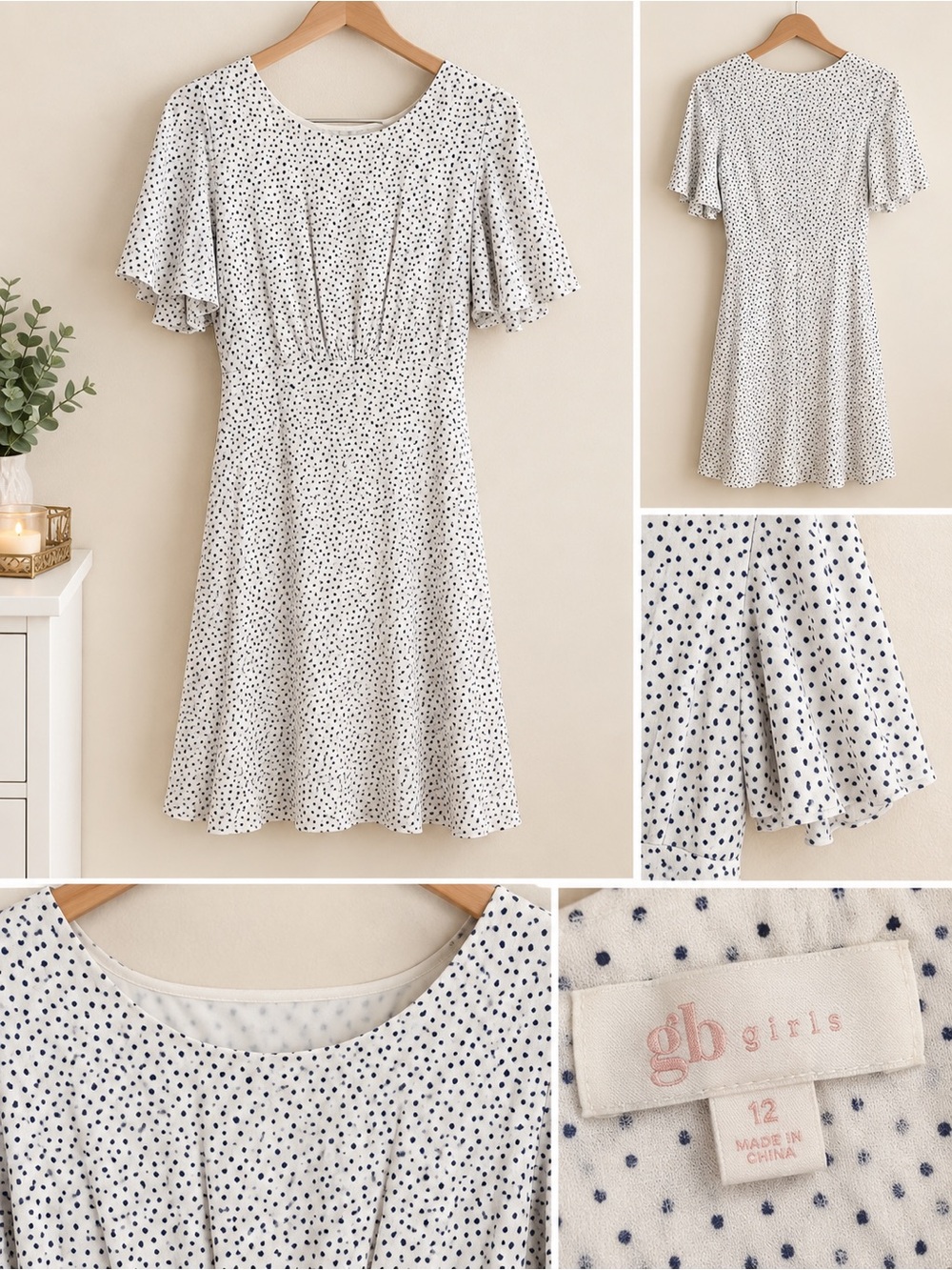 GB girls White Dress with Navy Polka Dots and Flutter Sleeves